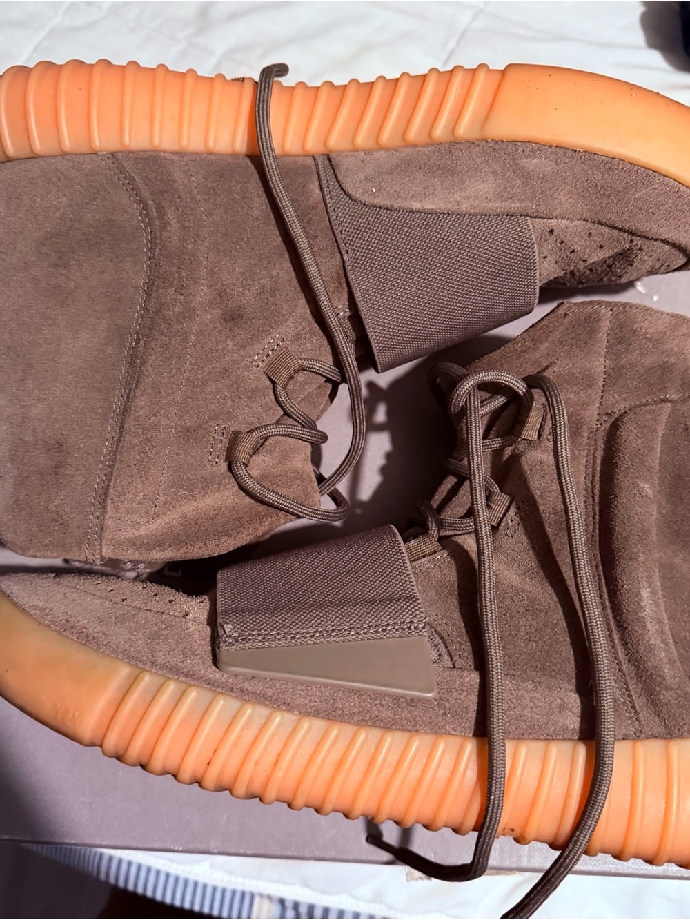 Yeezy Men's Brown Suede High-Top Sneakers with Gum Sole
